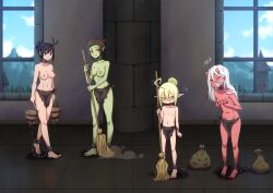  4girls absurdres ahoge bags barefoot black_hair blonde_hair blue_eyes breast_envy breasts broom brown_eyes brown_hair bucket bucket_of_water colored_skin commission commissioner_upload cuffs elf female_goblin flat_chest goblin grabbing_own_breast green_eyes green_skin grin hair_bun highres indoors loincloth loli long_hair medium_breasts multiple_girls nipples oni_girl original pointy_ears pout red_skin shackles short_hair slave slave_tattoo small_breasts smile standing sweeping tattoo the_dark_mangaka topless walking white_hair yellow_eyes  rating:Explicit score:6 user:SomeInternetLoser