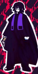 1boy abstract_background bible_(object) black_cape black_hair black_suit blue_eyes book cape formal full_body gensin glasses holding holding_book male_focus original outline pale_skin priest solo standing suit white_outline