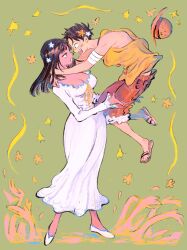  1boy 1girl bandaged_arm bandages black_hair blunt_bangs commentary_request disembodied_hand dress extra_arms facing_another flip-flops flower full_body green_background hana_hana_no_mi hat highres long_hair long_sleeves looking_at_another makenevemoiine monkey_d._luffy nico_robin one_piece open_mouth profile red_shorts sandals scar scar_on_face shirt shorts simple_background sleeveless sleeveless_shirt straw_hat yellow_shirt 