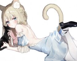  1girl absurdres animal animal_ear_fluff animal_ears backless_dress backless_outfit bare_shoulders black_cat black_footwear blonde_hair blue_dress blue_eyes blush braid breasts cat cat_ears cat_girl cat_tail closed_mouth detached_sleeves dress frills from_behind from_side highres holding holding_animal long_hair looking_at_viewer lying medium_breasts on_stomach original pantyhose puffy_sleeves shoes short_sleeves simple_background solo tail tamafurin white_background white_pantyhose 