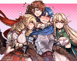  alain_(unicorn_overlord) arm_hug armor blonde_hair blue_eyes blush braid breasts brown_hair double_arm_hug elf eltolinde_(unicorn_overlord) gloves green_eyes gzei harem highres holding_another&#039;s_arm jealous long_hair looking_at_another melisandre_(unicorn_overlord) pointy_ears pout sandwiched scarlett_(unicorn_overlord) short_hair smile unicorn_overlord white_gloves 