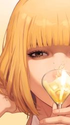  10s 1girl blunt_bangs brown_eyes close-up cup drink drinking_glass glass gradient_background highres looking_at_viewer midorikawa_hana prison_school short_hair solo vocky wine_glass  rating:Sensitive score:30 user:moolt