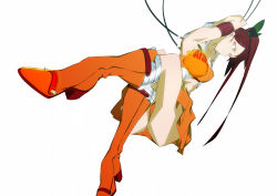  1girl arancia armpits bad_id bad_pixiv_id boots brown_hair bthx cable character_name crossed_legs foreshortening full_body high_heels highres knee_boots legs long_hair looking_down original red_eyes simple_background skirt solo twintails white_background wire 
