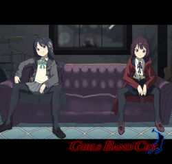  3girls absurdres awa_subaru black_footwear black_hair black_pantyhose black_ribbon black_skirt blue_eyes brown_hair closed_mouth collared_shirt commentary copyright_name couch devil_may_cry devil_may_cry_(series) devil_may_cry_4 drum drum_set english_commentary girls_band_cry grey_jacket grey_skirt grin guitar highres instrument iseri_nina jacket kawaragi_momoka legs_apart logo_parody long_hair long_sleeves looking_at_viewer multiple_girls neck_ribbon newminds on_couch open_clothes open_jacket open_mouth pantyhose plant potted_plant purple_eyes red_footwear red_jacket reflection ribbon shirt short_twintails sitting skirt smile taking_picture twintails white_shirt 
