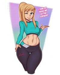 1girl artist_name blonde_hair blue_eyes breasts english_text fullmetal_alchemist hand_on_own_hip highres jakuson_z large_breasts long_hair long_sleeves looking_at_viewer midriff navel pants ponytail solo stomach thick_thighs thigh_gap thighs toned tongue tongue_out wide_hips wink winry_rockbell yoga_pants rating:Sensitive score:132 user:JustHere4Butts
