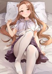 1girl absurdres asymmetrical_bangs b1ack_illust blush brown_hair forehead hair_spread_out highres idolmaster idolmaster_(classic) idolmaster_million_live! looking_at_viewer lying minase_iori on_back on_bed pantyhose purple_skirt skirt solo white_pantyhose  rating:Sensitive score:72 user:danbooru