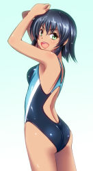  1girl armpits ass bare_legs bare_shoulders black_hair blue_one-piece_swimsuit blush breasts dark-skinned_female dark_skin diana_rial digdug006 from_behind gradient_background green_eyes highres legs looking_at_viewer looking_back medium_breasts one-piece_swimsuit open_mouth short_hair smile solo standing swimsuit thighs wet wrestle_angels wrestle_angels_survivor  rating:Sensitive score:17 user:eloquentelegy