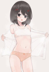  1girl black_eyes black_hair blush bow bow_panties bra breasts collarbone hair_ornament hairclip loli looking_at_viewer navel open_clothes open_mouth open_shirt orange_bow orange_panties panties paw_print plaid plaid_panties print_bra shirt shooko short_hair small_breasts standing steam sweat underwear undressing white_bra white_shirt x_hair_ornament 
