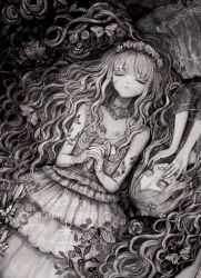  2girls bare_shoulders bug butterfly closed_eyes doll dress flat_chest flower greyscale hairband hands_on_own_face insect long_hair lying monochrome multiple_girls on_back original own_hands_clasped own_hands_together rose sumire_shisei very_long_hair wavy_hair 