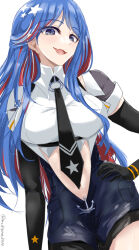  1girl :3 anchor_ornament black_gloves black_jacket black_necktie blue_hair breasts chamumi_(mochiumee) collared_shirt dress_shirt elbow_gloves fang gloves grey_eyes jacket kantai_collection large_breasts long_hair multicolored_hair necktie one-hour_drawing_challenge pencil_skirt red_hair shirt simple_background single_leg_pantyhose skin_fang skirt smile solo south_dakota_(kancolle) star_(symbol) white_background white_hair white_shirt 