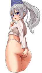 1girl ass blue_eyes blush breasts chiroshiron crop_top cropped_legs crossed_bangs fundoshi furrowed_brow grey_hair hair_between_eyes hand_on_own_ass hat highres huge_ass japanese_clothes lips long_hair long_sleeves looking_at_viewer looking_back mononobe_no_futo open_mouth ponytail pussy_juice shy sidelocks simple_background small_breasts solo sweat thighs touhou transparent_background rating:Explicit score:38 user:danbooru
