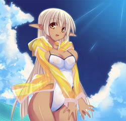  1girl breasts_squeezed_together breasts cloud covered_erect_nipples curvy dark-skinned_female dark_elf dark_skin day elf highleg highleg_swimsuit large_breasts long_hair ocean one-piece_swimsuit open_mouth original outdoors pointy_ears see-through shimakaze_(soundz_of_bell) sky smile solo summer sunlight swimsuit tan thighs water white_hair yellow_eyes  rating:Questionable score:48 user:danbooru