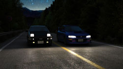  3d ae86 battle car forest highres initial_d lights moon motor_vehicle mountain nature night night_sky no_humans outdoors pacochan road road_sign sign sky star_(sky) starry_sky subaru_(brand) subaru_impreza toyota toyota_sprinter_trueno tree vehicle vehicle_focus  rating:Sensitive score:8 user:danbooru