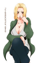  1girl blonde_hair blush breasts brown_eyes cleavage facial_mark female_focus forehead_mark fugasi highres naruto naruto_(series) simple_background solo tsunade_(naruto) white_background 