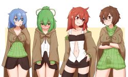 4girls aussa_the_earth_charmer black_legwear black_skirt blouse blue_eyes blue_hair blush breasts brown_eyes brown_hair bulge closed_mouth collarbone commission crossed_arms duel_monster erection erection_under_clothes eria_the_water_charmer futanari futanari glasses green_eyes green_hair green_sweater grin hair_between_eyes hand_on_own_hip highres hiita hiita_the_fire_charmer liveactors long_hair medium_breasts multiple_girls red_hair ribbed_sweater robe shirt short_hair skirt small_breasts smile sweater thighhighs two-tone_background white_shirt wide_sleeves wynn_the_wind_charmer yu-gi-oh! rating:Questionable score:153 user:danbooru