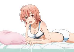  1girl absurdres bed breasts cleavage highres large_breasts looking_at_viewer lying medium_breasts official_art on_stomach open_mouth panties pink_hair smile solo sports_bra underwear yahari_ore_no_seishun_lovecome_wa_machigatteiru. yuigahama_yui  rating:Questionable score:72 user:Pendual