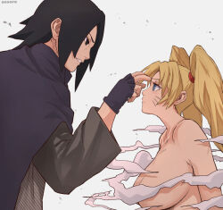  1boy 1girl aosora2823 artist_name black_gloves black_hair blonde_hair blush breasts commentary_request completely_nude eye_contact fingerless_gloves from_side gloves large_breasts long_hair long_sleeves looking_at_another naruko_(naruto) naruto_(series) naruto_shippuuden nude parted_bangs smoke teeth twintails uchiha_sasuke whiskers 