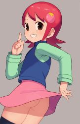  1girl :d ass black_thighhighs blue_vest blush brown_eyes chiwino clothes_lift commentary_request cowboy_shot dutch_angle from_behind gluteal_fold green_shirt grey_background hair_ornament hand_up highres leaning_forward lifted_by_self long_sleeves looking_back mayl_sakurai_(mega_man) medium_hair mega_man_(series) mega_man_battle_network mega_man_battle_network_(series) miniskirt no_panties open_mouth pink_skirt pointing pointing_up red_hair shadow shirt sidelocks simple_background skirt skirt_lift smile solo swept_bangs teeth thighhighs thighs vest  rating:Sensitive score:207 user:danbooru