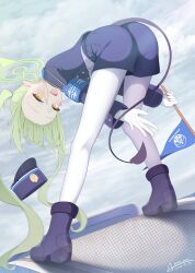  1girl 4ba_nana armband blue_archive cloud cloudy_sky demon_tail flag green_hair halo hat long_hair looking_at_viewer nozomi_(blue_archive) pantyhose shorts sky solo tail twintails twitter white_pantyhose yellow_eyes 