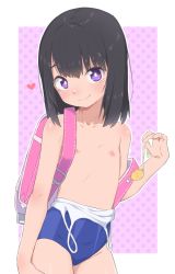  1girl backpack bag black_hair blue_one-piece_swimsuit blush bubukka closed_mouth collarbone commentary_request covered_navel crime_prevention_buzzer female_focus flat_chest heart himenogi_rinze loli looking_at_viewer love_r nipples off_shoulder one-piece_swimsuit pink_background polka_dot polka_dot_background purple_eyes randoseru short_hair simple_background smile solo swimsuit topless two-tone_background upper_body white_background  rating:Questionable score:324 user:danbooru