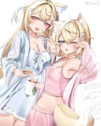  2girls alternate_costume animal_ears bandaid bandaid_hair_ornament blonde_hair blue_eyes blue_hair blue_nightgown blue_robe blush breasts camisole chopsticks cleavage coffee_mug commentary crossed_bangs cup dog_ears dog_girl dog_tail double-parted_bangs eating english_commentary fang food fuwawa_abyssgard hair_between_eyes hair_intakes hair_ornament hairclip highres holding holding_chopsticks hololive hololive_english long_hair looking_at_viewer medium_breasts missing_poster mococo_abyssgard mug multicolored_hair multiple_girls nattou nightgown one_eye_closed perroccino_(fuwamoco) pink_camisole pink_eyes pink_hair pink_robe robe rubbing_eyes short_hair siblings sisters skin_fang sleepwear sleepy small_breasts sobbi11 streaked_hair tail tea teabag twins twitter_username two_side_up virtual_youtuber waking_up x_hair_ornament 