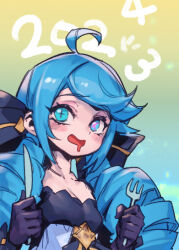 1girl 2023 2024 black_bow black_dress black_gloves blush bow breasts dress drill_hair drooling fork gloves green_eyes green_hair grey_dress gwen_(league_of_legends) hair_bow holding holding_fork holding_knife knife league_of_legends long_hair phantom_ix_row small_breasts smile solo twin_drills twintails rating:General score:9 user:danbooru