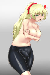  1girl angry areola_slip bike_shorts blonde_hair blush bow breasts bulge covering_privates covering_breasts futanari green_eyes hair_bow large_breasts long_hair open_mouth penis ponytail simple_background skin_tight solo tontoro8 topless 