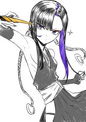  1girl absurdres asymmetrical_bangs black_hair black_hakama bleach braid breasts claw_ring colored_inner_hair cosplay elbow_gloves eunhwa_(nikke) forehead gloves goddess_of_victory:_nikke hakama highres japanese_clothes long_hair multicolored_hair purple_eyes purple_hair ribs sideboob sideless_outfit small_breasts solo sui-feng sui-feng_(cosplay) twin_braids yorha_oekaki 