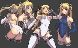 1girl ass back backless_outfit bare_shoulders blonde_hair blue_eyes blush breasts dead_or_alive detached_sleeves female_focus from_behind gloves hair_ribbon hands_on_own_hips iwamoto_eiri leotard long_hair marie_rose ojou-sama_pose open_mouth ribbon shiny_clothes shiny_skin smile solo thighhighs twintails rating:Questionable score:67 user:armorcrystal