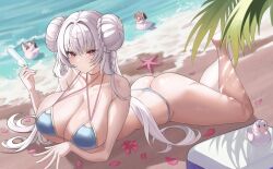  1girl akamin435 ass azur_lane beach bikini blue_bikini braid braided_bun breasts cleavage collarbone day double_bun food formidable_(azur_lane) formidable_(the_lady_of_the_beach)_(azur_lane) full_body hair_bun hat highres holding holding_food holding_popsicle huge_breasts long_hair looking_at_viewer lying multi-strapped_bikini_top official_alternate_costume on_stomach outdoors pirate_hat popsicle red_eyes rubber_duck sand solo summer swimsuit the_pose thong_bikini very_long_hair water 