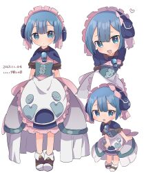  1boy 2023 absurdres androgynous apron arms_behind_back back_bow blue_capelet blue_corset blue_dress blue_eyes blue_hair blush bow brown_footwear capelet chibi closed_mouth corset dated dress frilled_apron frills hand_on_own_crotch heart highres looking_at_viewer made_in_abyss maid maid_apron maid_headdress male_focus maruruk multiple_views open_mouth short_hair simple_background smile solo trap uis0 whistle whistle_around_neck white_background white_bow yellow_pupils 