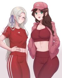  2girls :d absurdres baseball_cap breasts brown_hair closed_mouth crop_top dorothea_arnault edelgard_von_hresvelg fire_emblem fire_emblem:_three_houses green_eyes hair_ribbon hand_on_own_hip hands_in_pockets hat highres hood hooded_jacket jacket large_breasts lesu long_hair looking_at_viewer midriff multiple_girls nintendo open_mouth pants purple_eyes red_pants red_shirt red_sports_bra ribbon shirt simple_background small_breasts smile sports_bra striped_clothes track_pants white_hair yoga_pants 