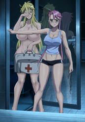  2girls absurdres areola_slip bare_legs blonde_hair breasts cleavage convenient_arm door exhibitionism fang first_aid_kit glasses highres highschool_of_the_dead huge_breasts large_breasts long_hair marikawa_shizuka midriff multiple_girls nipple_slip nipples no_bra nude nude_filter orange_eyes pink_hair public_indecency reflection ribbon screencap sleepwear stitched takagi_saya tank_top third-party_edit underwear yellow_eyes  rating:Questionable score:271 user:shadowthecorn