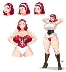  1girl bare_arms bare_shoulders boots breasts cleavage curvy devil-v full_body green_eyes hairband highres huge_breasts legs lipstick makeup muscular muscular_female original poland red_hair red_lips short_hair thick_thighs thighs white_hairband wrestler  rating:Questionable score:53 user:danbooru