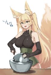  1girl absurdres animal_ears blonde_hair breasts bridal_gauntlets demon_core fox_ears fox_girl fox_tail highres leotard long_hair music musical_note open_mouth original singing solo standing tail tcv_cosmic 