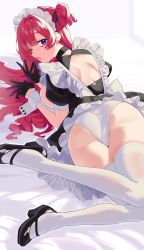  1girl 2l_(2lsize) absurdres ass ass_focus bed bed_sheet black_footwear black_gloves dress exposed_back gloves highres looking_at_viewer looking_back lying maid maid_headdress on_stomach original panties purple_eyes red_hair thighhighs thighs underwear white_panties white_thighhighs yawning  rating:Sensitive score:19 user:lordlii