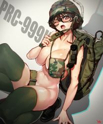  1girl ;o backpack bag belt blush boots breasts brown_eyes brown_hair camouflage cleavage convenient_censoring female_focus fio_germi glasses helmet highres kneeling korean_text large_breasts leather leather_boots looking_at_viewer metal_slug military nude one_eye_closed open_mouth original radio short_hair solo sweat sweatdrop thighhighs watch wince wristwatch yd_(orange_maru)  rating:Questionable score:99 user:danbooru