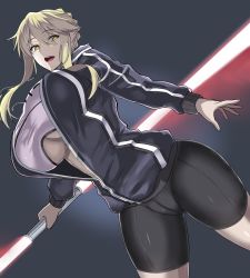  1girl artoria_pendragon_(all) artoria_pendragon_(fate) artoria_pendragon_(lancer_alter)_(fate) bike_shorts black_background black_jacket blonde_hair braid breasts center_opening cleavage cosplay cowboy_shot crotch_seam double-blade dutch_angle energy_sword fate/grand_order fate_(series) from_below hair_bun heroine_x_(alter) heroine_x_(alter)_(cosplay) highres holding holding_sword holding_weapon huge_breasts jacket lightsaber long_hair midriff mysterious_heroine_x_alter_(fate) mysterious_heroine_x_alter_(second_ascension)_(fate) saber_(fate) saber_alter shirt sidelocks single_hair_bun solo star_wars swept_bangs sword t-shirt takara_joney taut_clothes taut_shirt thick_thighs thighs track_jacket underboob weapon white_shirt yellow_eyes  rating:Sensitive score:78 user:danbooru