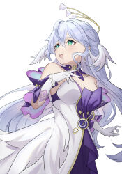  1girl absurdres bare_shoulders bead_bracelet beads bracelet breasts choker cleavage commentary_request cowboy_shot detached_sleeves dress green_eyes grey_hair hair_intakes head_wings highres honkai:_star_rail honkai_(series) jewelry long_hair open_mouth partial_commentary purple_choker robin_(honkai:_star_rail) short_sleeves simple_background solo standing strapless strapless_dress torein_(and_rain3) very_long_hair white_background white_dress wings 