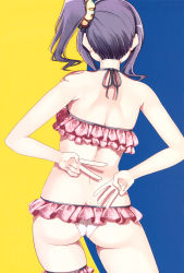  10s 1girl absurdres arms_behind_back ass bare_shoulders bikini fingernails frilled_bikini frills from_behind halterneck harukana_receive highres legs_apart long_hair nape nyoijizai official_art ooshiro_akari purple_hair scan side_ponytail simple_background solo swimsuit thigh_strap v 