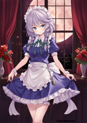 1girl apron bare_legs blue_eyes blush breasts closed_mouth collared_shirt commentary_request cowboy_shot dress frilled_apron frilled_dress frills full_moon green_ribbon grey_hair highres holster indoors izayoi_sakuya long_hair maid maid_headdress moon murasaki_atsushi neck_ribbon plant pocket_watch potted_plant puffy_short_sleeves puffy_sleeves red_curtains red_ribbon ribbon shirt short_sleeves small_breasts smile thigh_holster thigh_strap touhou twintails waist_apron watch white_apron white_wrist_cuffs window wrist_cuffs