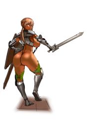  1girl armor armored_boots ass bare_hips bikini_armor blonde_hair blush boots breasts breasts_out couter elbow_pads female_knight from_behind full_body gauntlets greaves holding holding_shield holding_sword holding_weapon knee_pads knight large_breasts looking_back low_ponytail nisetanaka original pauldrons poleyn revealing_clothes sabaton sagging_breasts scabbard sheath shield shoulder_armor sideboob slingshot_swimsuit solo standing strap swimsuit sword tan thong vambraces weapon white_background yellow_eyes  rating:Questionable score:64 user:jbnp5