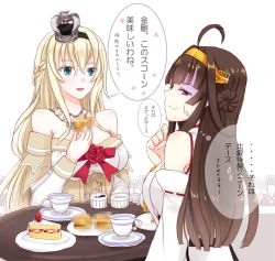  10s 2girls bad_food blonde_hair blue_eyes braid brown_hair cake cake_slice censored censored_food crown cup detached_sleeves double_bun dress flower food french_braid fruit hairband kantai_collection kongou_(kancolle) long_hair long_sleeves mini_crown mosaic_censoring multiple_girls nontraditional_miko off-shoulder_dress off_shoulder purple_eyes ribbon-trimmed_sleeves ribbon_trim rose shaded_face sotogawa_max strawberry strawberry_shortcake teacup translation_request warspite_(kancolle) white_dress 