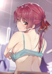 1girl absurdres alternate_costume back blurry blurry_background blurry_foreground blush bra breasts chair commentary_request depth_of_field from_behind hair_ribbon heterochromia highres hololive houshou_marine indoors koubou_(cowbow_kun) long_hair looking_at_viewer looking_back medium_breasts nape red_eyes red_hair red_ribbon ribbon see-through shoulder_blades sidelocks skindentation smile solo stretching twintails underwear underwear_only upper_body virtual_youtuber yellow_eyes rating:Sensitive score:90 user:danbooru