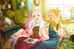  2girls blonde_hair blue_overalls bokujou_monogatari bouquet braid braided_ponytail brown_corset closed_eyes cookie corset flower food green_hairband hairband highres indoors long_hair looking_at_another mirror multiple_girls nshi open_mouth overalls pink_hair popuri_(bokujou_monogatari) puffy_short_sleeves puffy_sleeves ran_(bokujou_monogatari) red_eyes red_skirt shirt short_sleeves sitting skirt smile sunlight wavy_hair white_shirt yellow_shirt 
