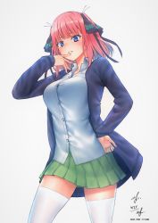  1girl absurdres afba arm_up black_cardigan black_ribbon blue_eyes blunt_bangs blush breasts butterfly_hair_ornament cardigan finger_to_mouth go-toubun_no_hanayome green_skirt hair_ornament hand_on_own_hip highres large_breasts looking_at_viewer nakano_nino open_cardigan open_clothes parted_lips pink_hair ribbon shirt simple_background skirt thick_thighs thighhighs thighs twintails white_shirt white_thighhighs zettai_ryouiki 