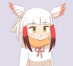  1girl blonde_hair blunt_bangs brown_hair commentary_request empty_eyes fur_collar grey_background head_wings japanese_crested_ibis_(kemono_friends) kemono_friends lets0020 looking_afar medium_bangs multicolored_hair neck_ribbon open_mouth red_hair red_ribbon ribbon shirt short_hair simple_background smile solo upper_body white_shirt white_wings wings 