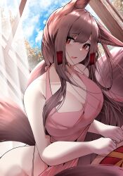  1girl absurdres akagi_(azur_lane) animal_ear_fluff animal_ears apron azur_lane bad_tag bare_shoulders breasts brown_eyes cleavage collarbone fox_ears fox_tail hair_ornament highres large_breasts light_brown_hair long_hair looking_at_viewer multiple_tails naked_apron samip solo tail valentine very_long_hair 