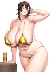  1girl absurdres areola_slip arm_support bare_arms bikini black_hair blush breasts brown_eyes cleavage closed_mouth collarbone commentary_request covered_erect_nipples gold_bikini hair_between_eyes hakai_shin highres huge_breasts large_areolae leaning lips mature_female medium_hair navel original plump simple_background skindentation smile solo standing swimsuit thick_thighs thighs white_background  rating:Questionable score:13 user:danbooru