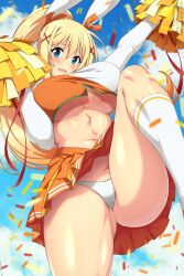  1girl animal_ears arm_up blonde_hair blue_eyes blue_sky blurry blurry_background blush braid breasts cheerleader clothes_lift cloud commentary commission confetti darkness_(konosuba) day english_commentary fake_animal_ears female_focus gluteal_fold groin hair_ornament hair_ribbon hairclip hand_up high_ponytail highres holding holding_pom_poms kneehighs kono_subarashii_sekai_ni_shukufuku_wo! large_breasts leg_up lindaroze linea_alba long_hair looking_at_viewer navel no_bra open_mouth orange_ribbon orange_shirt orange_skirt outdoors paid_reward_available panties pleated_skirt pom_pom_(cheerleading) pom_poms raised_eyebrows ribbon shirt skirt skirt_lift sky socks solo standing standing_on_one_leg thick_thighs thighs twitter_username unaligned_breasts underboob underwear watermark web_address white_panties white_shirt white_socks x_hair_ornament 